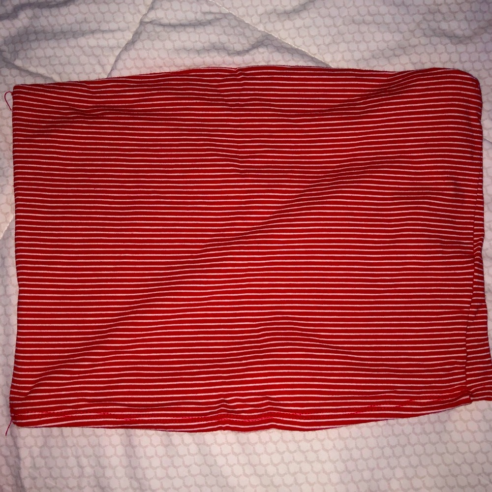 This is a red and white striped tube top.
